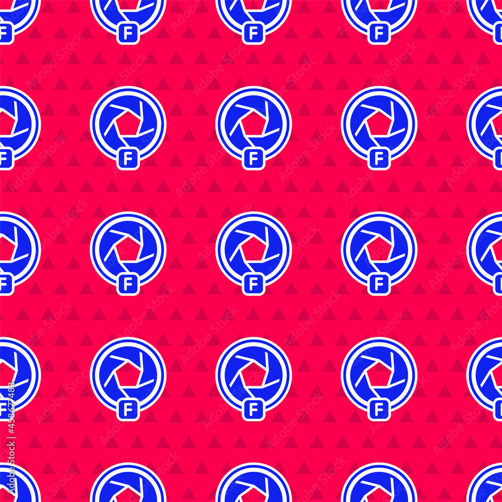 Poster blue camera shutter icon isolated seamless pattern on red background. vector