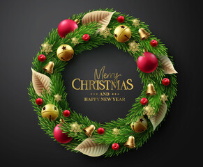 Merry christmas greeting text vector design. Christmas wreath and garland with elegant elements like bell, ball and snowflakes for xmas card decoration in black background. Vector illustration. 