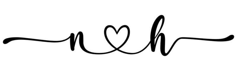 nh, hn, letters with heart Monogram, monogram wedding logo. Love icon, couples Initials, lower case, connecting HEART, home decor,