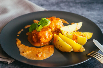 Meatballs with potatoes. Delicious hot dish. Meatballs in tomato sauce on a plate