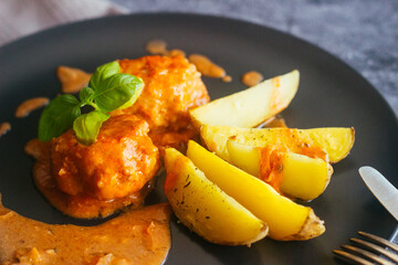 Meatballs with potatoes. Delicious hot dish. Meatballs in tomato sauce on a plate