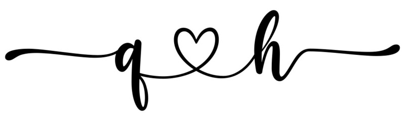 qh, hq, letters with heart Monogram, monogram wedding logo. Love icon, couples Initials, lower case, connecting HEART, home decor,