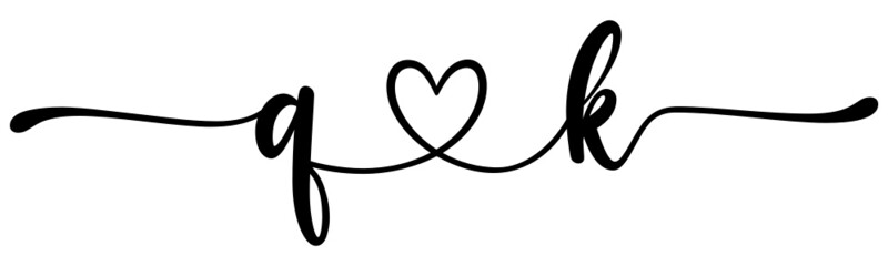 qk, kq, letters with heart Monogram, monogram wedding logo. Love icon, couples Initials, lower case, connecting HEART, home decor,