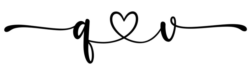 qv, vq, letters with heart Monogram, monogram wedding logo. Love icon, couples Initials, lower case, connecting HEART, home decor,
