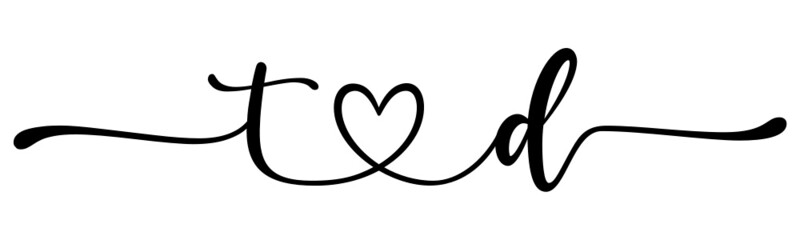 td, dt, letters with heart Monogram, monogram wedding logo. Love icon, couples Initials, lower case, connecting HEART, home decor,