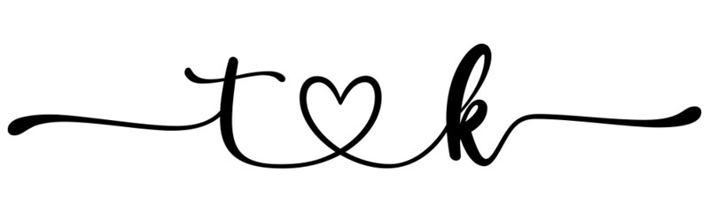 tk, kt, letters with heart Monogram, monogram wedding logo. Love icon, couples Initials, lower case, connecting HEART, home decor,