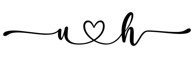 uh, hu, letters with heart Monogram, monogram wedding logo. Love icon, couples Initials, lower case, connecting HEART, home decor,