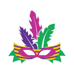 Obraz premium A carnival mask with feathers. Masquerade mask in the style and colors of the Mardi Gras carnival. Vector illustration isolated on a white background for design and web.