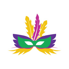 A carnival mask with feathers. Masquerade mask in the style and colors of the Mardi Gras carnival. Vector illustration isolated on a white background for design and web.