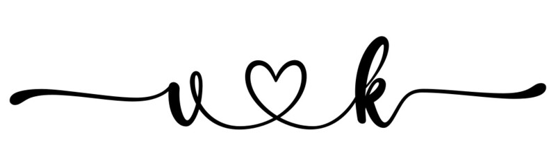 vk, kv, letters with heart Monogram, monogram wedding logo. Love icon, couples Initials, lower case, connecting HEART, home decor,