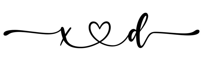 xd, dx, letters with heart Monogram, monogram wedding logo. Love icon, couples Initials, lower case, connecting HEART, home decor,