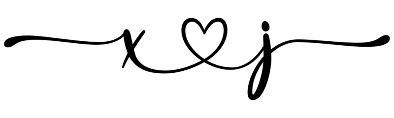 xj, jx, letters with heart Monogram, monogram wedding logo. Love icon, couples Initials, lower case, connecting HEART, home decor,