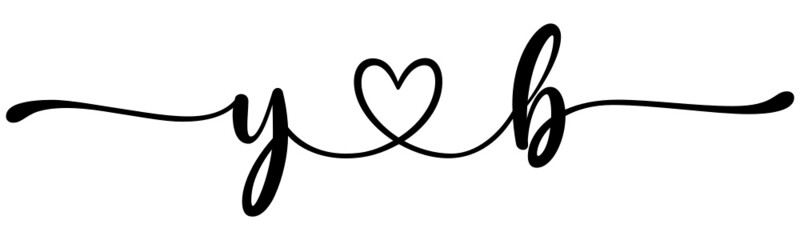yb, by, letters with heart Monogram, monogram wedding logo. Love icon, couples Initials, lower case, connecting HEART, home decor,