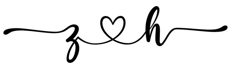 zh, hz, letters with heart Monogram, monogram wedding logo. Love icon, couples Initials, lower case, connecting HEART, home decor,