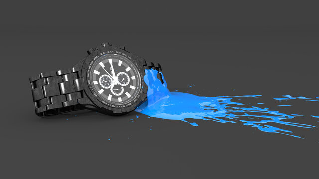 wrist watch covered with blue paint in the form of a blot