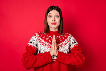 Photo of charming pretty young woman dressed print pullover arms together asking buy present...
