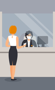 Bank Office Is Open During Epidemic Of Virus.Employee In Protective Medical Mask Behind Counter Serve Customer.Client Stand In Hall Near Cash Register Window And Talk To Clerk.Raster Flat Illustration