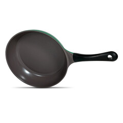 Green round frying pan without lid for cooking, kitchen utensils, utensils. Side view isolated on white