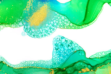 Abstract watercolor ink green and blue texture with gold glitter and place for text.