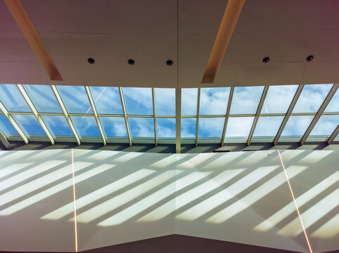 Roof of a modern building with a large skylight.