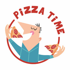 Cartoon character eating pizza. Vector illustration in retro style. Pizza lover