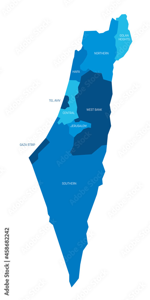 Sticker Blue political map of Israel. Administrative divisions - districts and three special territories - Gaza Strip, West Bank and Golan Heights. Simple flat vector map with labels.