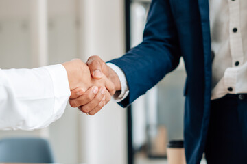 Young business people shaking hands in the office. Finishing successful meeting.