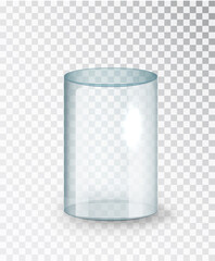 Glass cylinder. Empty transparent glass cylinder isolated on transparent background. Exhibit transparent display box. Realistic vector . - obrazy, fototapety, plakaty
