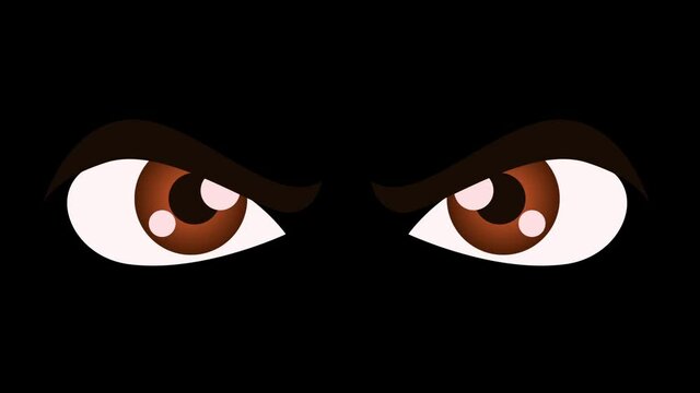 An evil but funny cartoon look of eyes on a black background