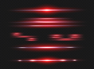 Red horizontal lens flares pack. Laser beams, horizontal light rays.Beautiful light flares. Glowing streaks on dark background. Luminous abstract sparkling lined background.