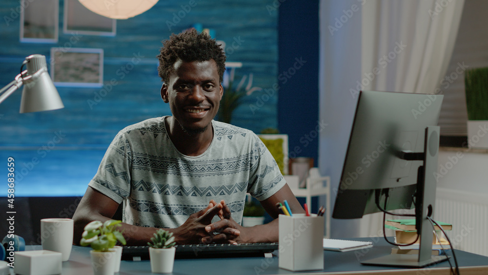 Poster man working from home using computer and keyboard. entrepreneur doing remote online work for freelan