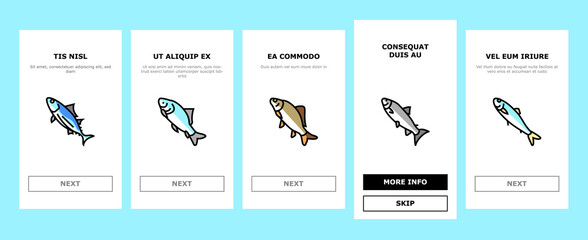 Commercial Fishing Aquaculture Onboarding Mobile App Page Screen Vector. Japanese Cockle And Anchovy, Common And Silver Carp, Rohu And Catle Fish,Yellowfin Tuna Fishing Business Illustrations