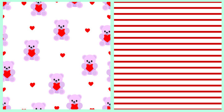 Set of vector seamless pajamas patterns. Red horizontal stripes, pink bears and red hearts on a white isolated background. 
