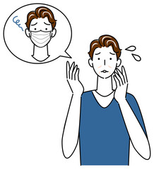 スキンケア マスクの着用が原因で顔のしわやたるみが出来た男性 イラスト シンプル ベクター