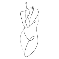 Silhouette of a girl covering her nakedness in a beautiful pose. Minimalism style. Design for paintings, decor, postcards, logo, tattoo, poster, t-shirt or clothing print. Isolated vector illustration
