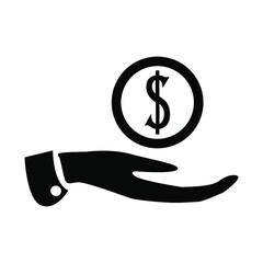 Hand and dollar sign, black on a white background, used for design, vector illustration