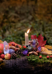 Сandle, fruits, berries, autumn leaves, crystal gemstones in forest. Wiccan altar for Mabon...