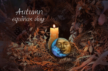 Autumn equinox day. burning candle, symbol of sun and moon, autumn leaves on abstract dark background. pagan Wiccan, Slavic traditions. Witchcraft, esoteric spiritual ritual for mabon - obrazy, fototapety, plakaty