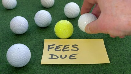 Closeup POV shot of a man’s hand putting down a ‘Fees due’ note among golf balls on a green surface, then placing a golf ball over the note. Concept of charges for use of a Golf club / course. - Powered by Adobe