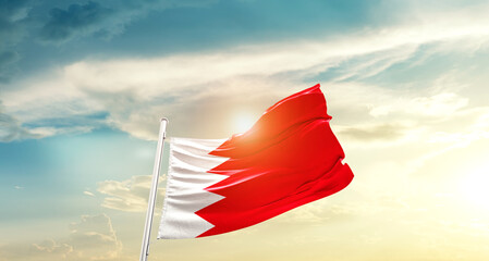 Bahrain national flag cloth fabric waving on beautiful sky - Image