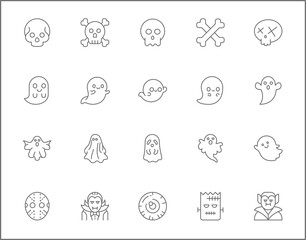 Set of Ghost and Halloween line style. It contains such as Frankenstein, Skeleton, Eyeball, spook, alien, boo and other elements.