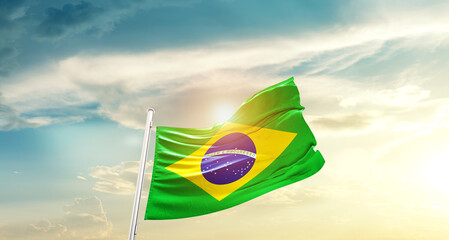 Brazil national flag cloth fabric waving on beautiful sky - Image