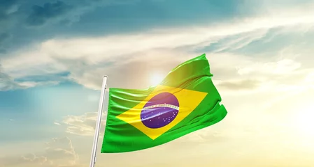Poster de jardin Brésil Brazil national flag cloth fabric waving on beautiful sky - Image