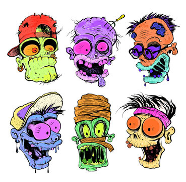 Cartoon sketches with zombie, vampire, mummy personages