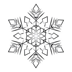 Symbol for a Christmas snowflake. Black snowflake on a white background pattern. Element for decorating xmas souvenirs, postcards, calendar. Symmetrical round snowflake with sharp corners. Vector.