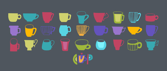 Set of vector illustrations of cups and mugs. Isolated on gray background. Illustration for restaurant menu, wrapping paper, post cards, advertising, packaging.