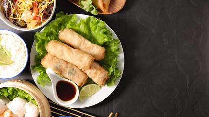 spring roll,  noodles, dumpling selection chinese food