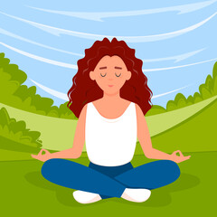 Obraz na płótnie Canvas Girl doing yoga in park. Woman sitting in the lotus position. Vector illustration in flat style.
