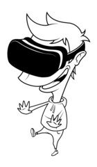 Boy wearing virtual reality glasses having fun, playing vr game. Cartoon line illustration.