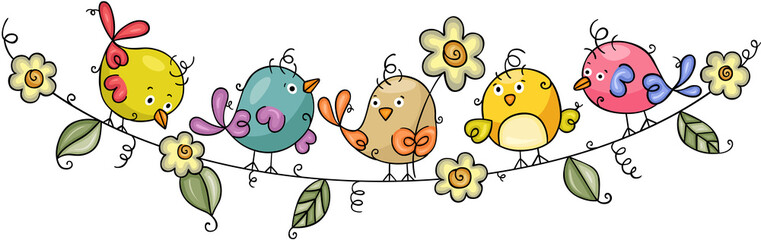 Funny little birds on rope of flowers and leaves  © soniagoncalves